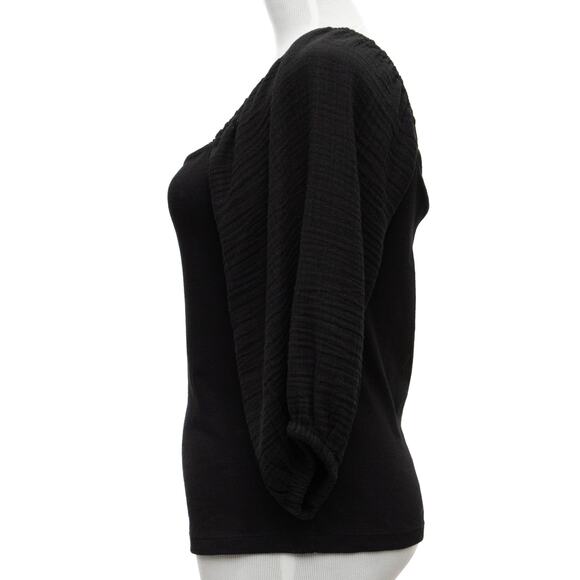 Sanctuary Black Square Neck Short Puff Sleeve Mixed Media Top Size Medium - Picture 2 of 8